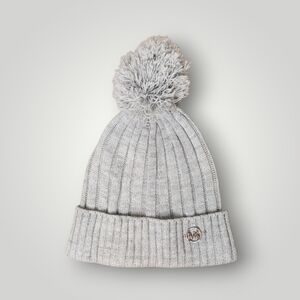Michael Kors Hat Womens Winter Gray Ribbed Knit Beanie Cap Pom Pom Logo Charm